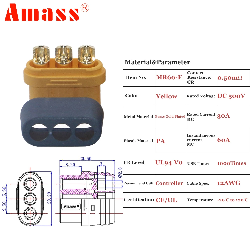Amass MR60 MR 60 내화 여성 수컷 3 코어 커넥터, 외장이있는 3.5mm 황동 금 도금 Lipo ESC RC 모델 용, 5 짝/묶음
