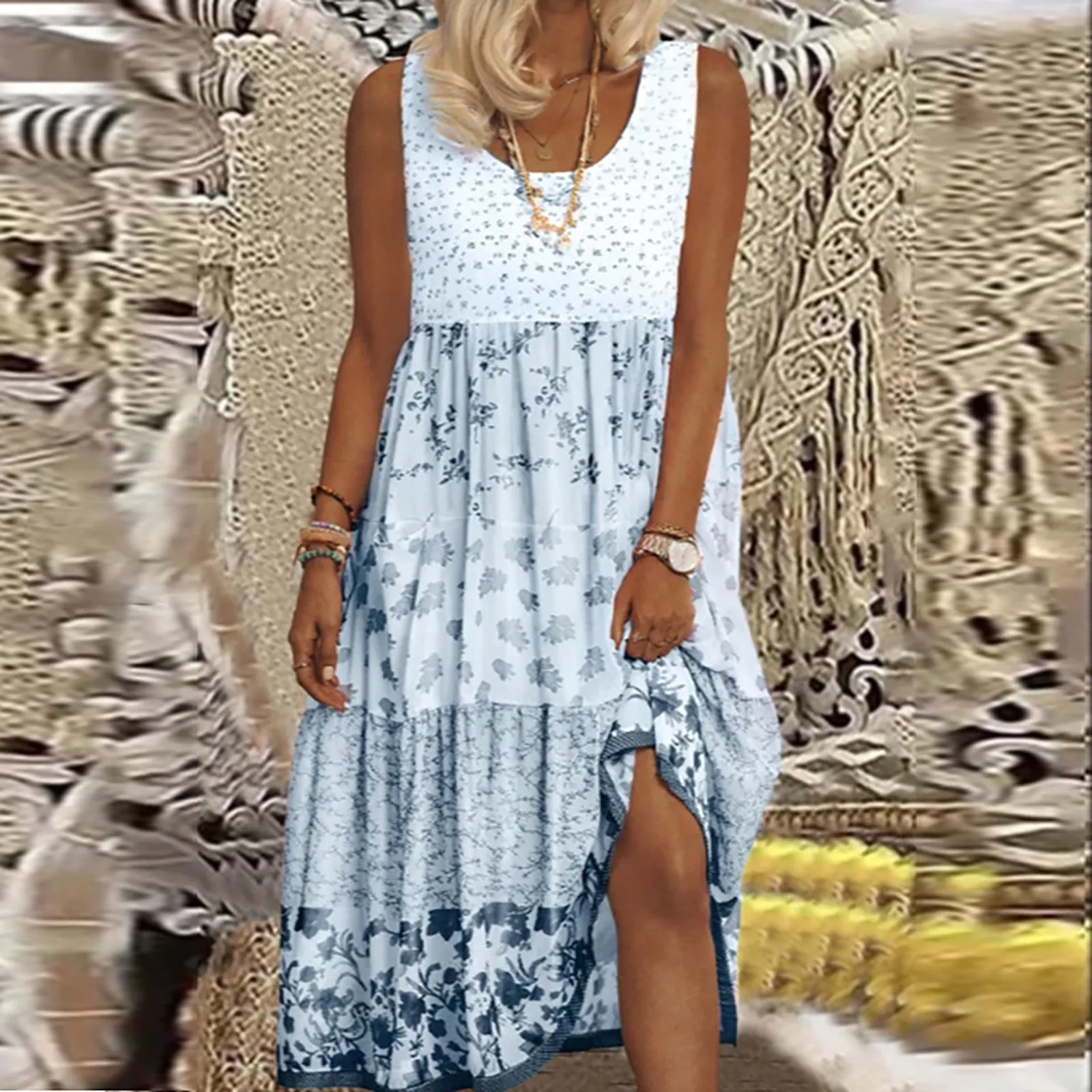 Women Summer Printing Dress Splicing O-Neck Casual Plus Size Ladies New Beach Tank Dress Sleeveless Refreshing Loose Vestido 1