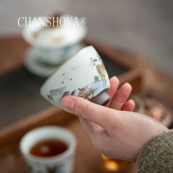 

CHANSHOVA 70-90ml Traditional Chinese Style Handpainted Ceramic Teacup Small and Large Coffee Tea set China Porcelain H405