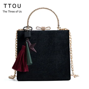 

TTOU Vintage Velour Box Bag Women Elegant Handbag Tassel Star Shoulder Bag Girls Chain Crossbody Bags Fashion Bow Messenger Bag