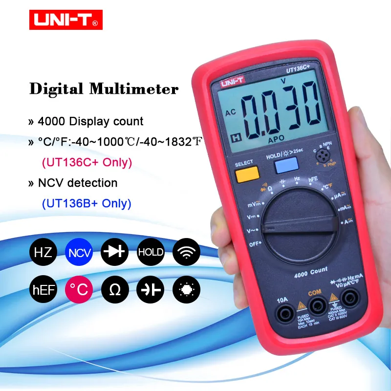 UNI-T UT136B+/UT136C+ мультиметр Цифровой мультиметр тестер AC DC Вольтметр Амперметр Ом Емкость HFE диод/Транзистор тестер