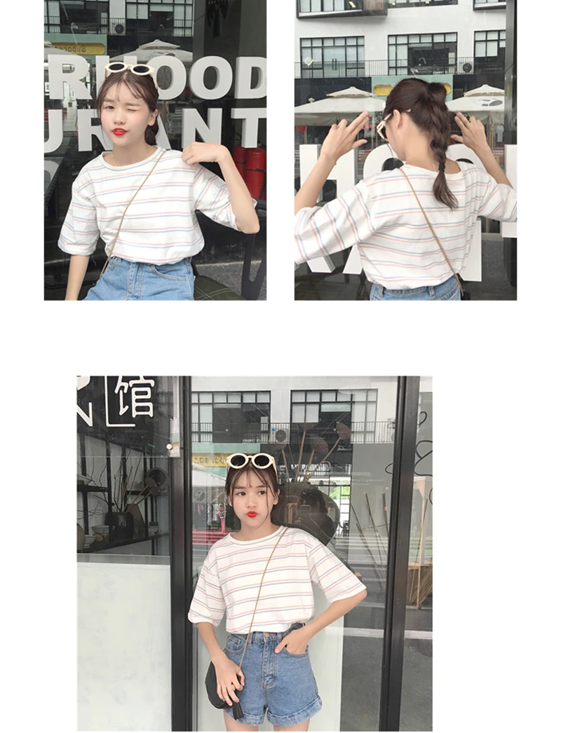 Корейский стиль harajuku Kwaii розовая полосатая Летняя женская футболка с коротким рукавом Базовая новая одежда Туника Студенческая Милая свободная футболка