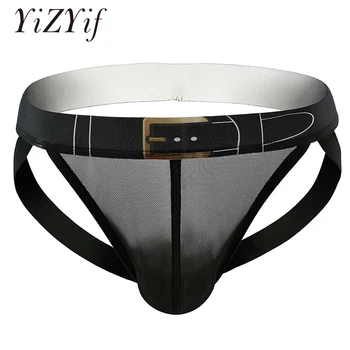 

Sexy Thong Men Jockstrap Underwear Low Rise Elastic Wide Waistband See Through Sheer Mesh Bulge Pouch Open Butt Briefs panties