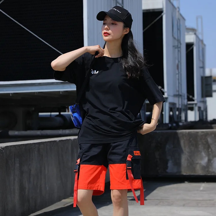 

French Ins Overalls Female Loose Bf Handsome Hip-hop Hiphop Pants Five-point Pants Couple Multi-pocket Summer Punk Streetwear