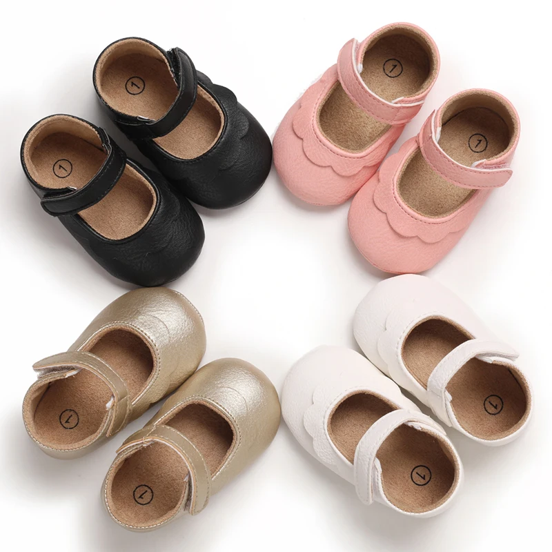 Infant Newborn Baby Girls Princess Non-Slip Floral Border Shoes Toddler Baby Soft PU Leather Prewalker Shoes Solid First Walkers