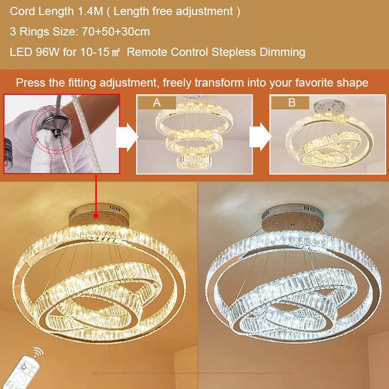 3 Rings 70cm Современная Великолепная Хрустальная подвеска из колец, Светильники для виллы, гостиной, большой подвесной светильник, затемняющий освещение, потолочный светильник для спальни - Цвет корпуса: 3 Rings 70cm