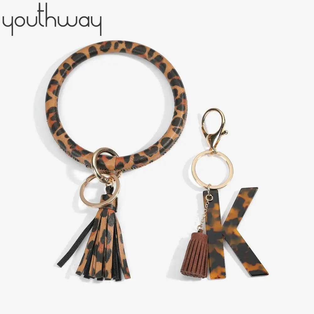 2 pcs set Keychain Bracelet PU Leather Circle Tassel Wristlet Keyring bangle Leopard Print Acetate resin Initial Charm Keychains|Key Chains| - AliExpress
