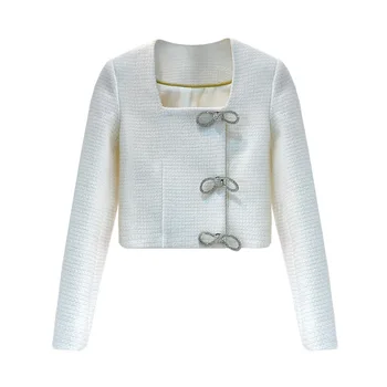 

Brand fashion women's high-end luxury autumn vintage elegant rhinestone bow tweed short coat women