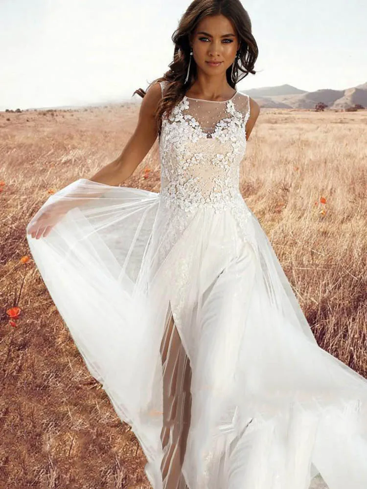 ivory Lorie свадебное платье-бохо A Line Lace Vestido de novia безрукавный с Боковым Разрезом праздничные платья на заказ - Цвет: ivory