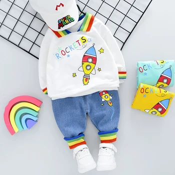 

Autumn Baby Long Sleeve for Clothing Boys Girls Cotton Outfit Suit Cartoon Rocket Letter Coat + Tshirt +Pants