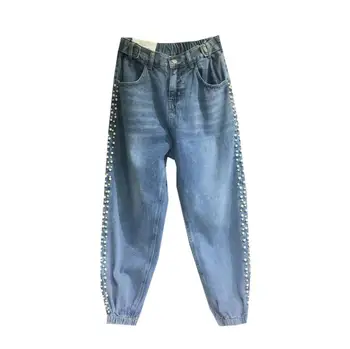 

European style casual beaded beam ankle pants female 2019 autumn new loose thin high waist jeans harem pants plus size r1588