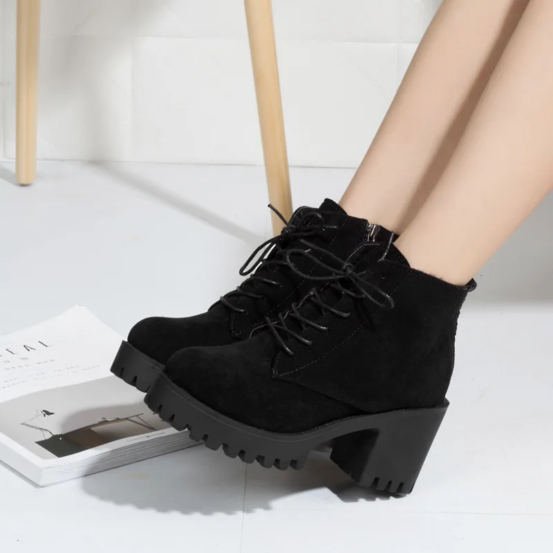 E TOY WORD Autumn women's boots Round Toe High Heels thick-soled boots Lace Up Fashion Women Winter Boots Shoes bota feminina