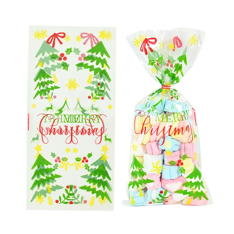 50Pcs Christmas Gift Bag Transparent Plastic Bags For Xmas Home Presents Candies Cookies Store Sale Gift Cookies Wrapping Bags