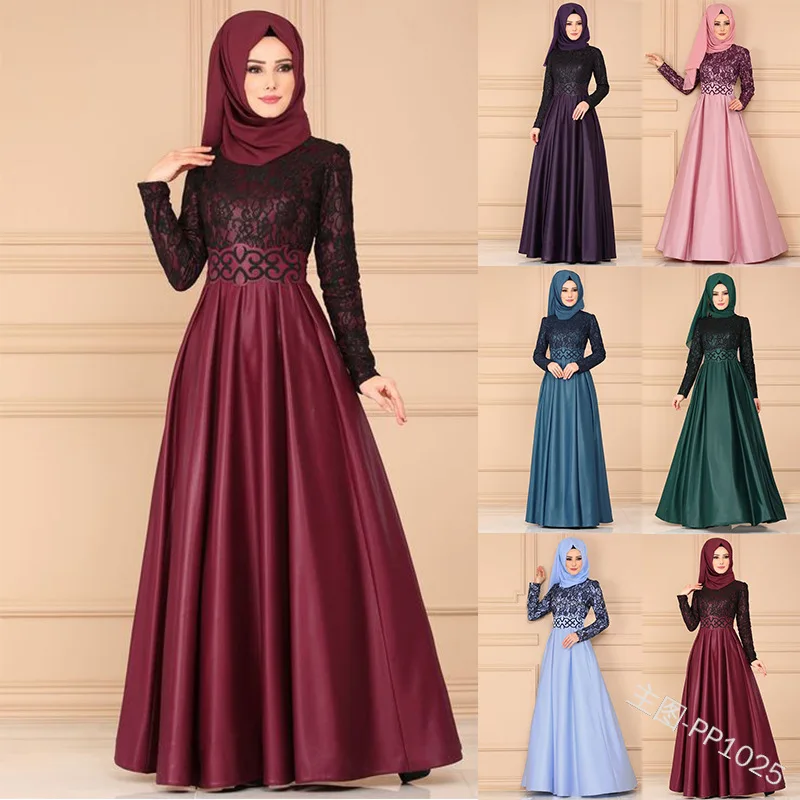 

A 2019 fashion trend Muslim retro lace patchwork long-sleeved dress with a large ethnic style