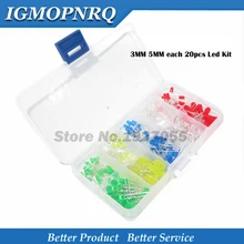 200 шт. 3 мм 5 мм каждый 20 шт. светодиодный комплект смешанных цветов красный зеленый желтый синий белый светильник светодиод в ассортименте с бесплатной коробкой