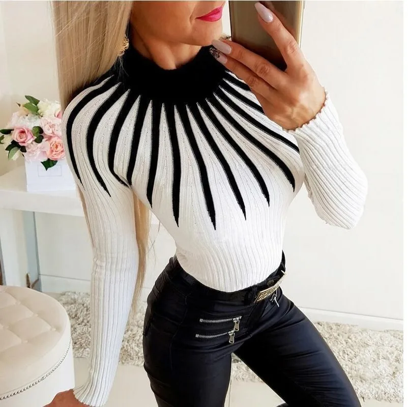 Sweater Women Color Matching Turtleneck Knitted Winter Fashion Ladies Warm Long Sleeve Slim Fit Casual Clothing Pullover Top