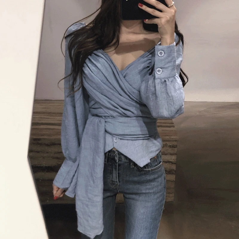 

XUXI Autumn 2020 Women Shirt Korean Elegant Slim Was Thin System Band Corset Sexy Long Sleeve Fashion Chemise Femme FZ2606