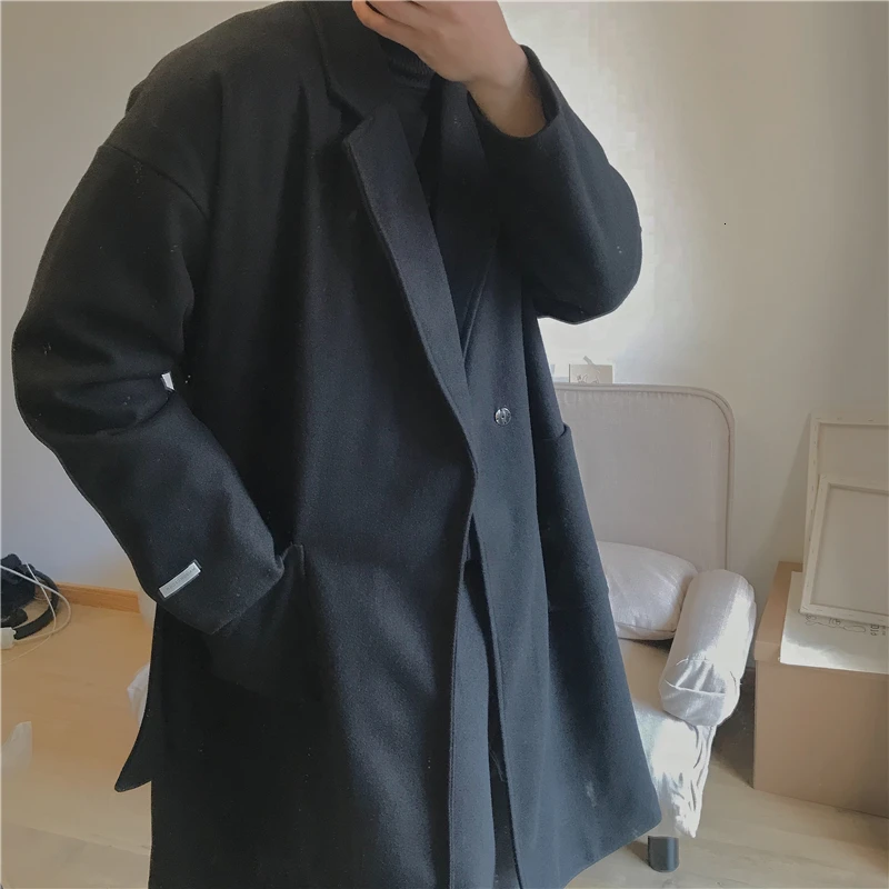 2 осеннее и зимнее Новое Hong стильное свободное мужское шерстяное пальто модное повседневное однотонное пальто куртка Серый/Черный S-XL