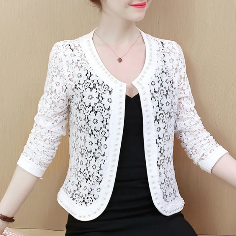 Women's Jackets 2023 Winter Autumn New Fashion Casual Office Lady Beading Lace Hook Flower Hollow Thin Coat Ladies All-match 4XL