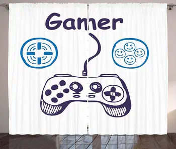 

Gamer Curtains Sketch of Videogame Controller with D-Pad and Smiling Buttons Design Living Room Bedroom Window Drapes Azure Blue