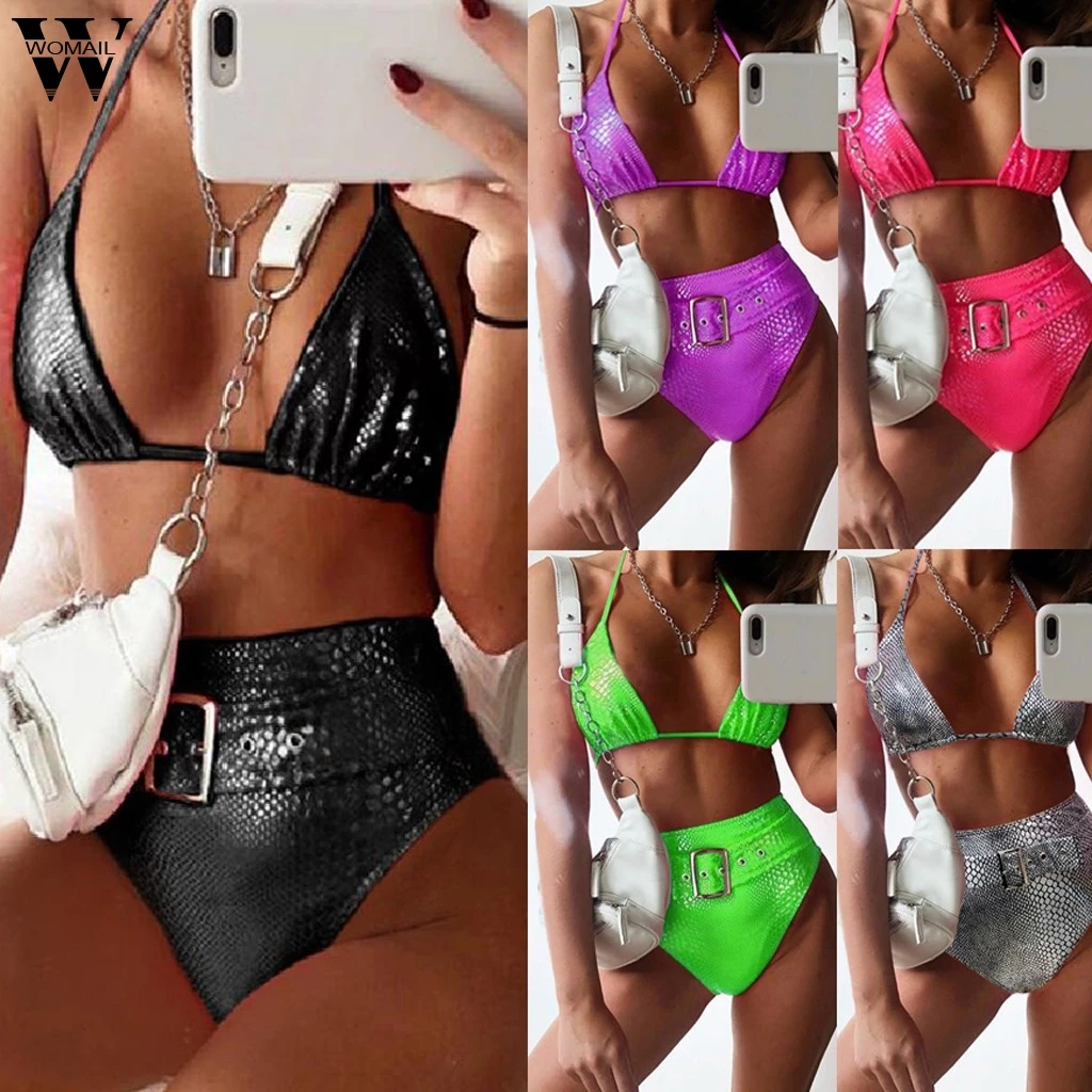 

Womail Bikini Women 2020 Sexy Swimsuit leather Swimwear Bra Bikini Push Up Swim Beach Splicing Backless Bandage Swimwear holiday