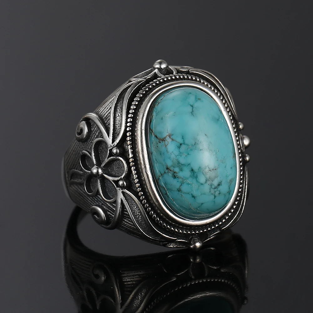 Natural Turquoise Ring Lady 925 Silver Jewelry Retro Party Ring 11X17MM Large Ellipse Gem Gift Wholesale