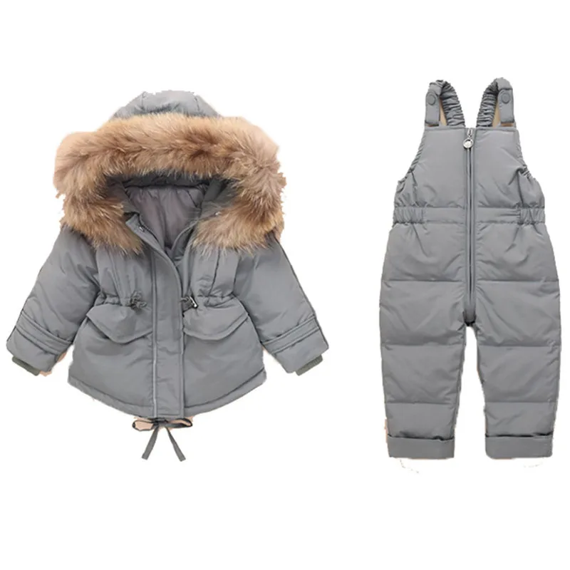 Зимние комплекты одежды для детей до-30 градусов, лыжный костюм для маленьких девочек и мальчиков, детский спортивный комбинезон, теплые пальто, меховые куртки-Пуховики+ нагрудник