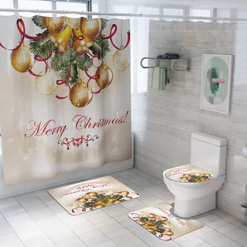 

4Pcs/Set Christmas Golden Ball Shower Curtain Carpet Set Bathroom Toilet Mat Non-Slip Waterproof Pad Partition Curtain Decor