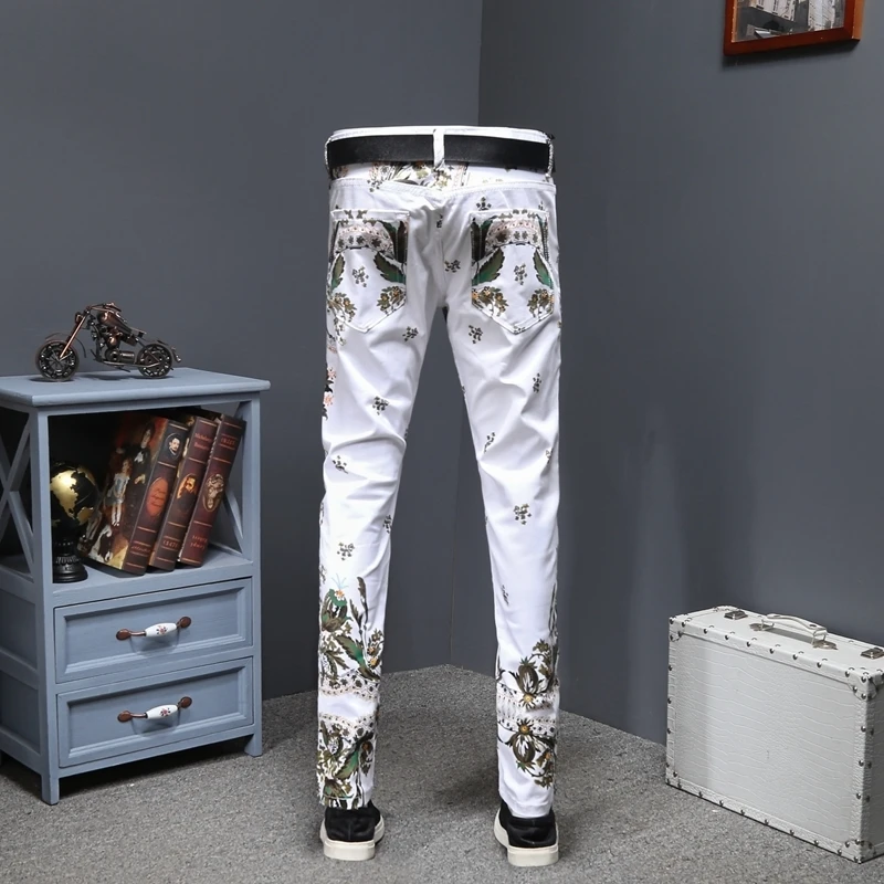 Новая мода узор PrintJeans тонкий Homme Для мужчин s Стрейчевые джинсы-скини цветок дизайнерские джинсы Для мужчин узкие Moda Hombre