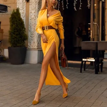 

Women Long Maxi Dress Evening Party Dress Elegant V-neck Yellow Women Autumn Dress Vestido Vestidos Robe Plus Size S-xl#J31