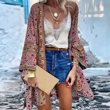 

Vintage Women Kimono Cardigan Jacket 2021 Autumn New Elegant Long Crochet Chiffon Loose Printed Shirt Tops