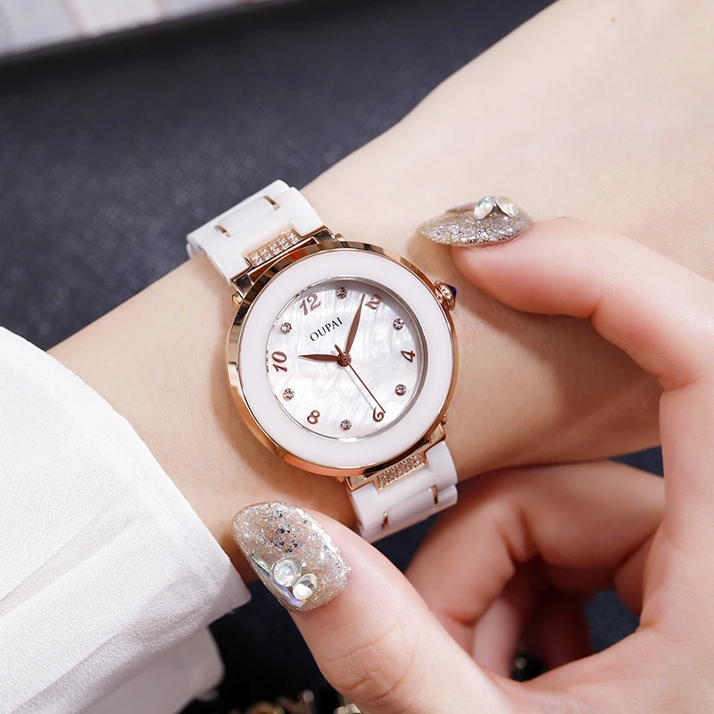 OUPAI роскошный алмаз керамика простые женские часы дизайн белые женские керамические часы студенческие водонепроницаемые Ins популярные часы