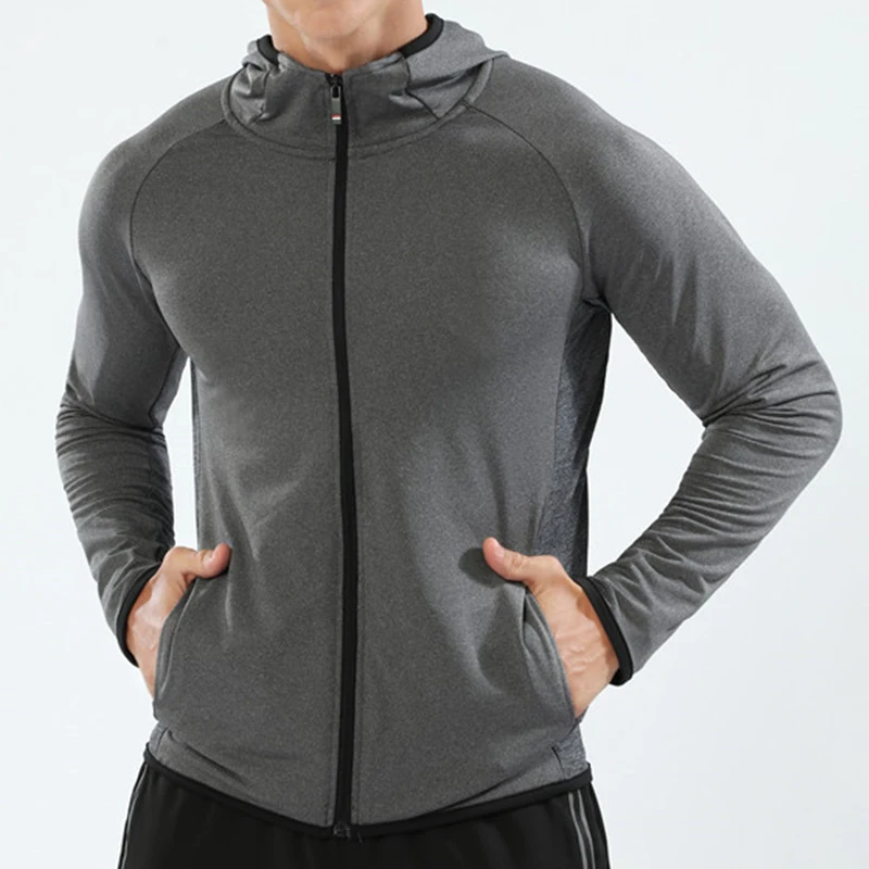 BARBOK, осенняя куртка для бега с длинным рукавом, Спортивная рубашка с капюшоном на молнии, футболки для бега, компрессионный Мужской Топ для занятий фитнесом - Цвет: Серый