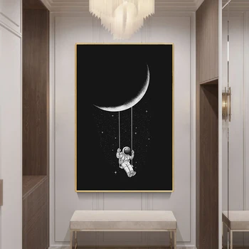 

Funny Art Space Astronaut Swinging on The Moon Stars Canvas Painting Wall Pictures for Living Room Posters and Prints Home Decor