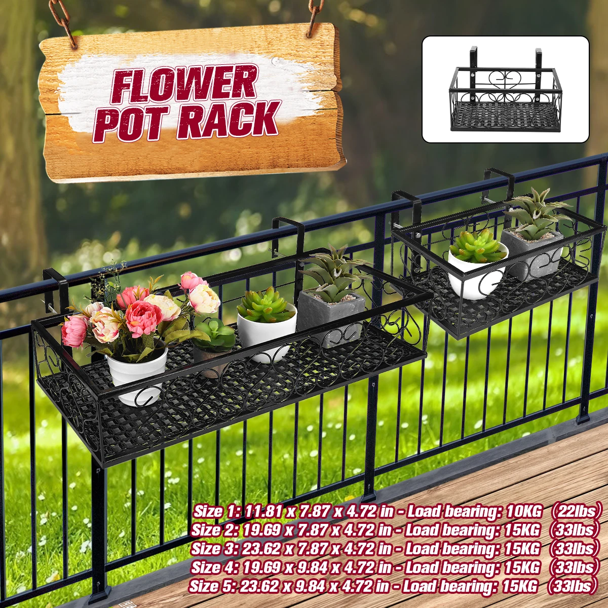 30/50/60cm Garden Hanging Flower Basket Plants Iron Rack Wall Fence