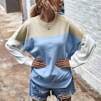

Fashion woman contrast color knitted sweater round neck collar long sleeve pullover Tops Loose casual clothing autumn winter