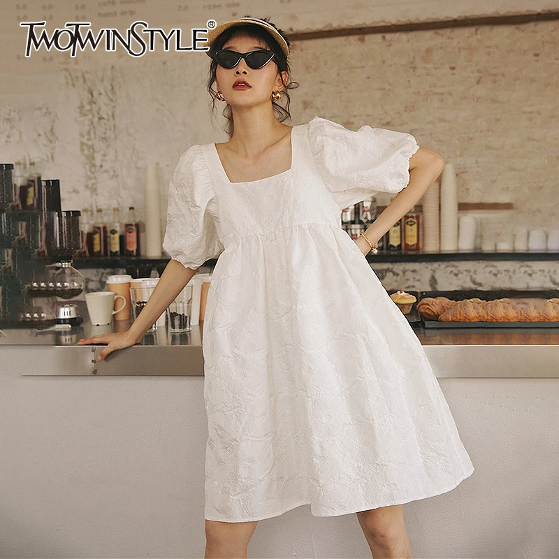 TWOTWINSTYLE Elegant Women Dress Square Collar Puff Half Sleeve High Waist Oversized White A Line Dresses Women 2020 Spring Tide TWOTWINSTYLE Elegant Women Dress Square Collar Puff Half Sleeve High Waist Oversized White A Line Dresses Women 2020 Spring Tide