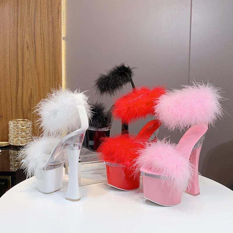 2020 New 4 Color Feather Thick High Heels Platform Sandals Women 14cm 17cm Heels Shoes Female Summer Hair Wedding Pumps WS311 2020 New 4 Color Feather Thick High Heels Platform Sandals Women 14cm 17cm Heels Shoes Female Summer Hair Wedding Pumps WS311