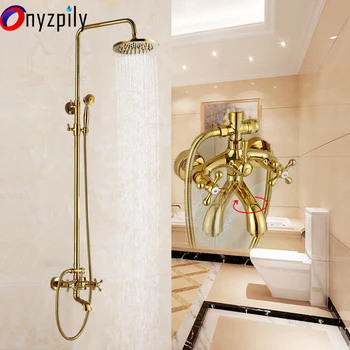 

Golden Bath Shower Mixers 8" Rainfall Shower Faucet Set Wall Mounted with Hand Shower Bathroom Rain Shower Column Tap