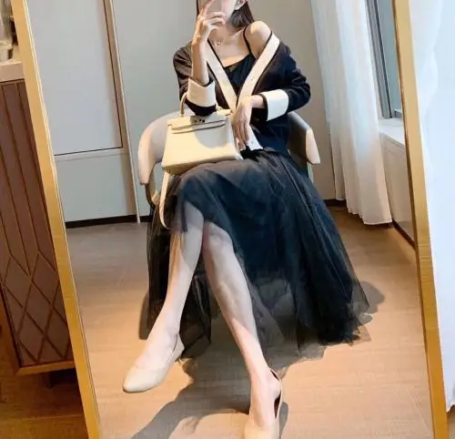 

Oshangchaopin Women Sweater Tops + Mesh Dress 2-piece Sets Female Sweet Small Fresh Style Knitted Pullover+Tulle Sling Dress Sets