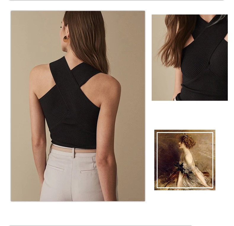 HDY Haoduoyi Femme Black Summer Render Vest Simple Sexy Pure Ribbed Neckline Cross-shoulder Undercoat Intersecting Strapless Top