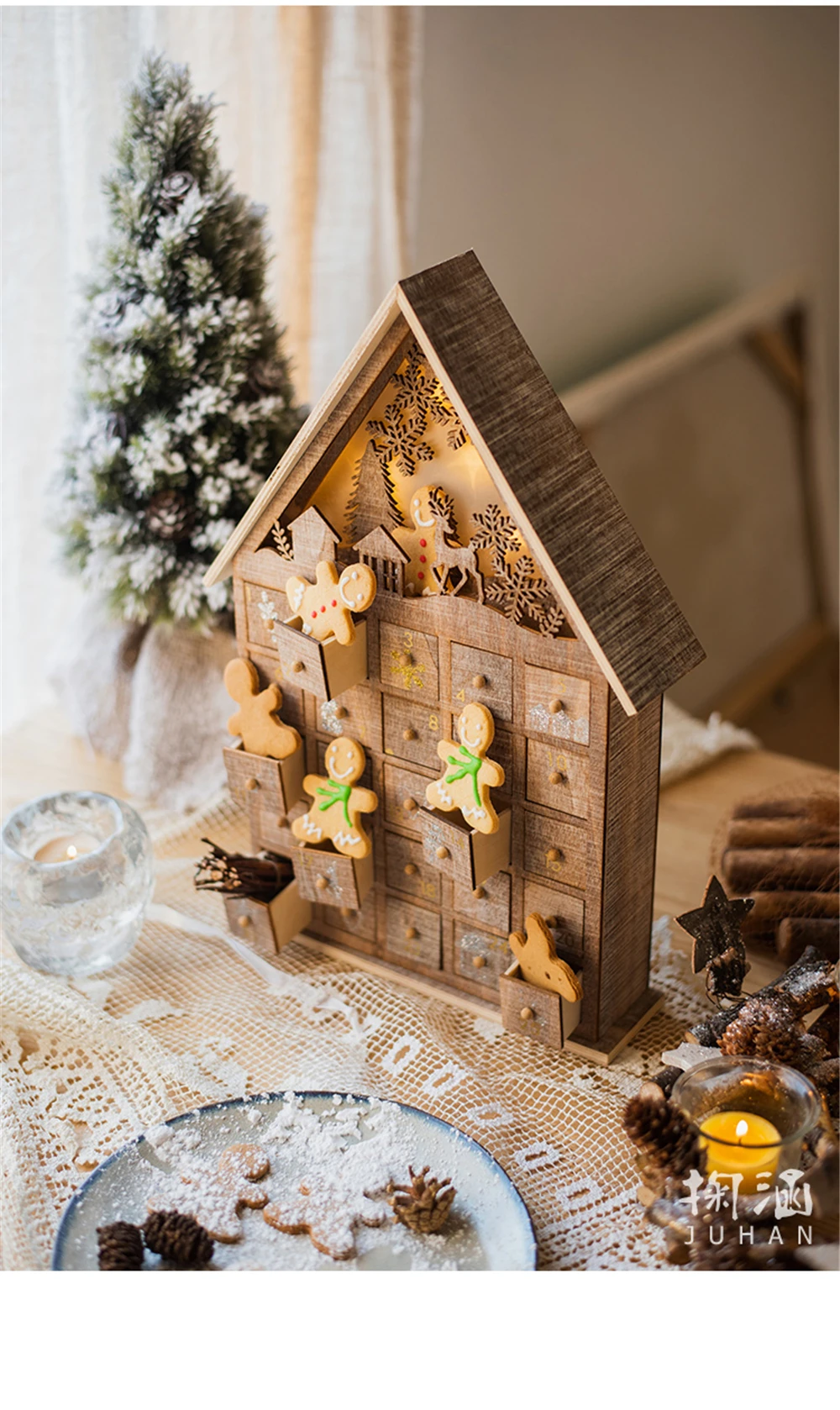 Деревянный Адвент-календарь с ящиками для ночника, светильник в форме дома, подарки, игрушки для детей, Рождественский календарь обратного отсчета