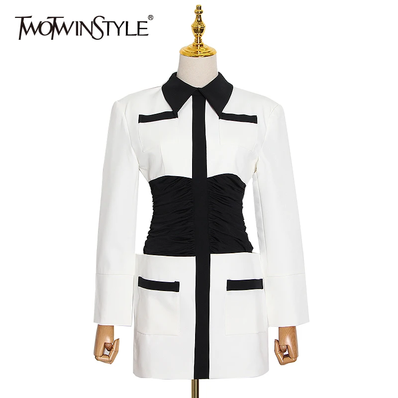 TWOTWINSTYLE Hit Color Patchwork Dress For Women Lapel Long Sleeve High Waist Mini Elegant Dresses Female 2020 Summer Fashion TWOTWINSTYLE Hit Color Patchwork Dress For Women Lapel Long Sleeve High Waist Mini Elegant Dresses Female 2020 Summer Fashion