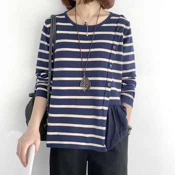 

Fashion 2020 New Spring Autumn Women Sweater Knitted Long Sleeve O-Neck Sexy Loose Lace Button Casual Stripe Sweaters Pull Femme