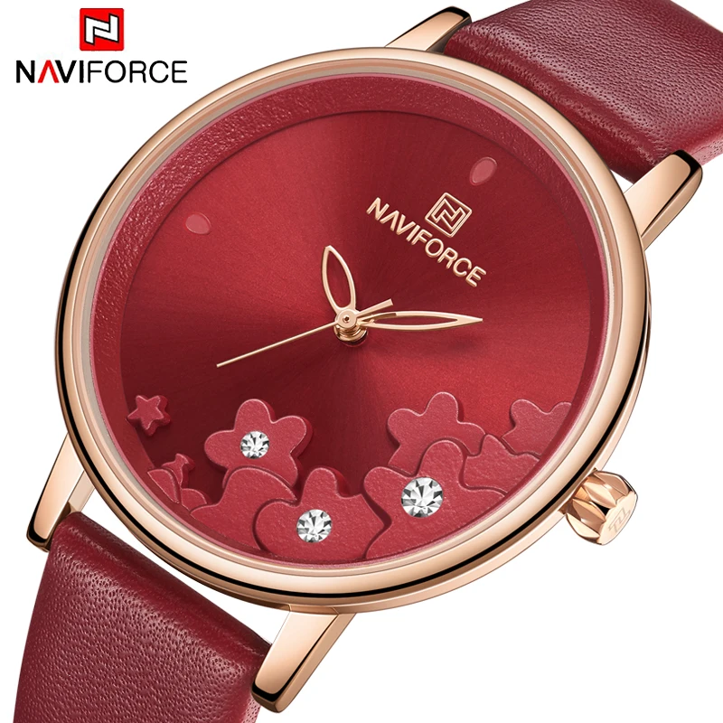 NAVIFORCE Роскошные Лидирующий бренд женские часы модные красные водонепроницаемые наручные часы кожаный ремешок кварцевые часы платье браслет часы