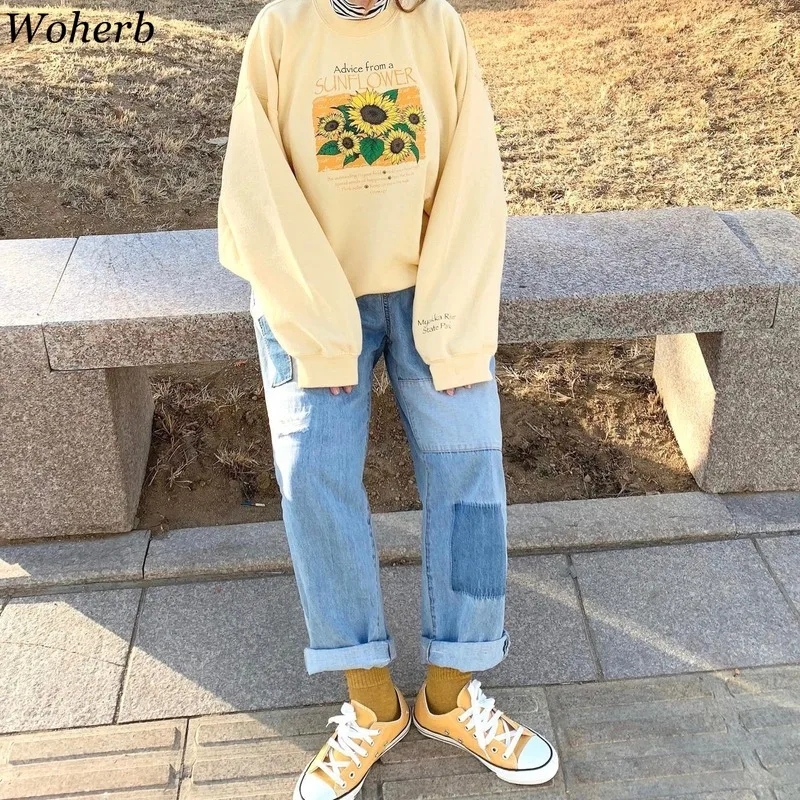 Woherb Harajuku/толстовка с круглым вырезом и длинными рукавами; толстовки; Повседневный Свободный пуловер с принтом; модная новая верхняя одежда в японском стиле; 91082