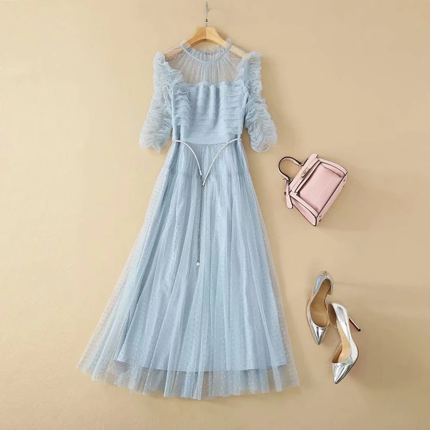 

Newest Nice High Quality Designer Runway Nice Women's Half Sleeve Sweet Ruffles Beading Belt Sky Blue Mesh Dot Long Dress