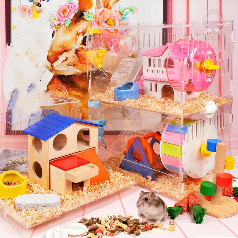 Hamster Cage Acrylic Transparent Golden Bear Super Villa Double Layer Cave Drawer