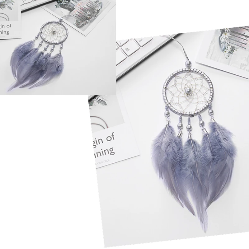 Mini Handmade Dream Catchers Wind Chimes Dream catcher Net Hanging Decoration Ornament For Room Car(2.7x13.54in)-Gray