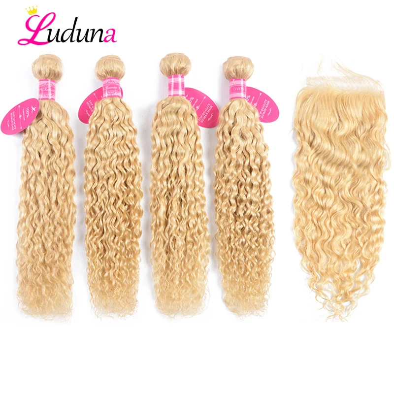 

Water Wave Blonde Bundles With Frontal 613 Brazilian Human Hair Weave Human Hair Bundles with Closure 4*4 Remy Hair Extension Lu